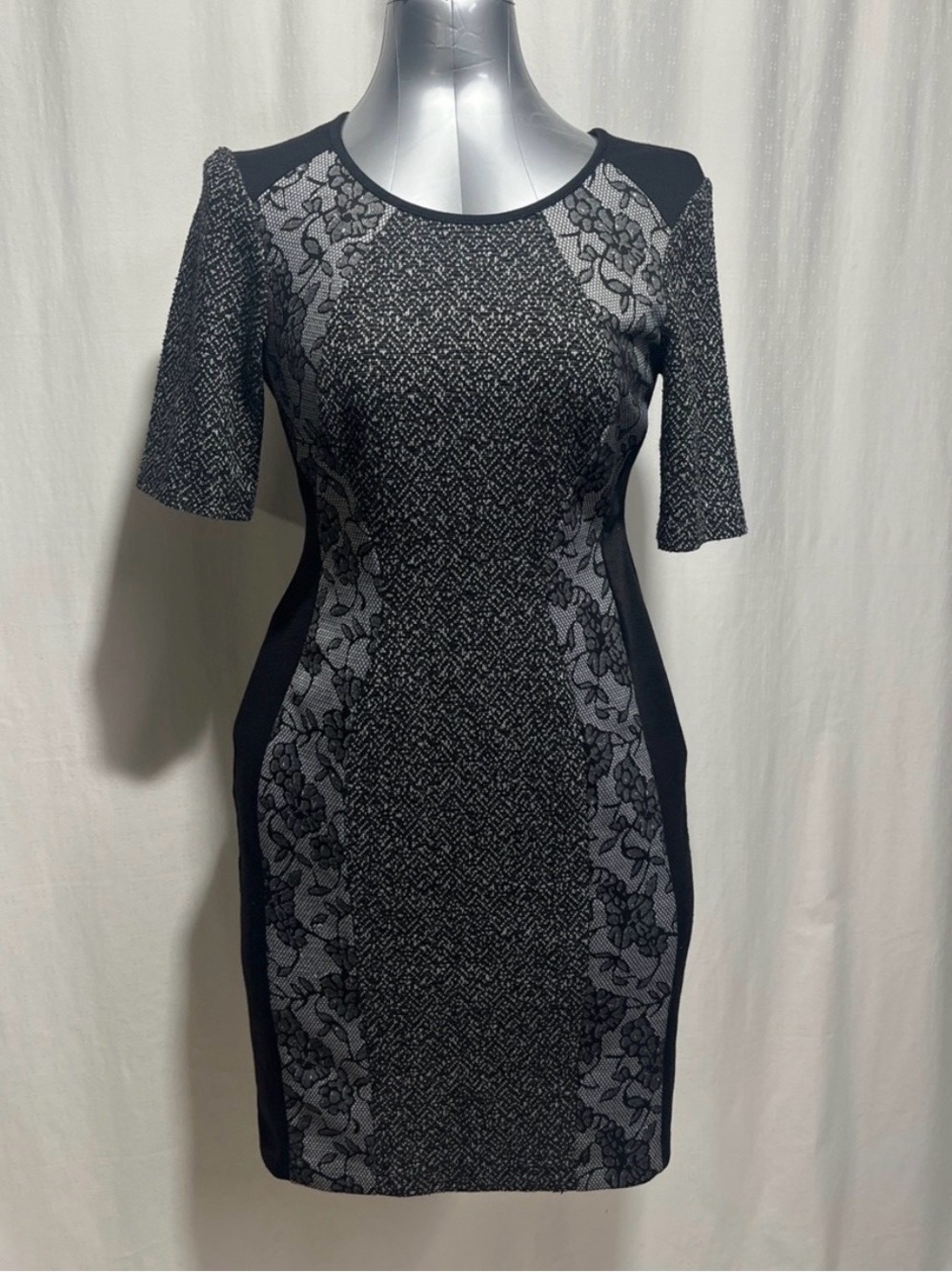 Elegant Black Lace-Panel Midi Dress Petite 10.  Party wedding stretch 1132